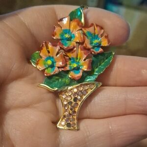 Floral Bouquet Brooch with Gold Accents Flowers in Vase Basket Mother's Day